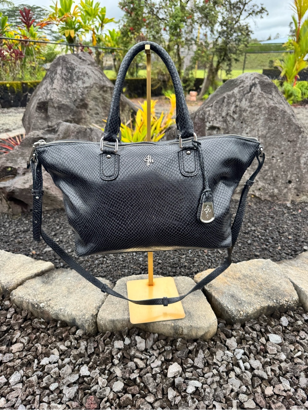Cole Haan Black Embossed Leather Satchel Crossbody Bag Snake Print